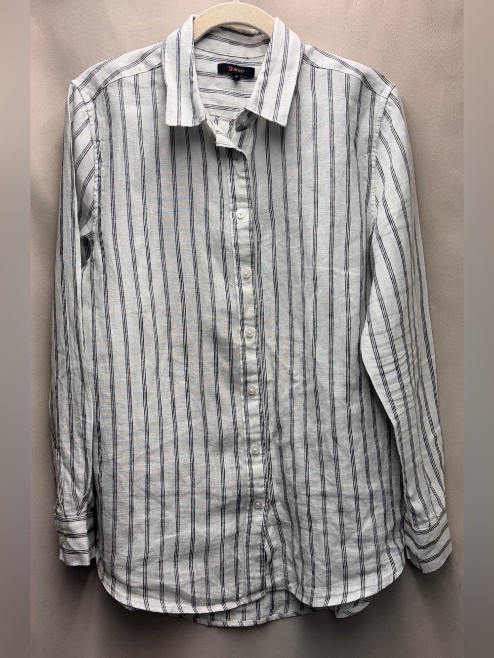 Quince 100% European Linen Long Sleeve striped Shirt Size Medium Black & White